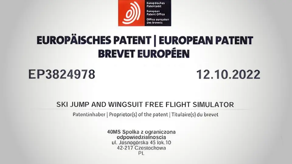 Certyfikat patentu EPO na technologię Symulatora YouCanFly